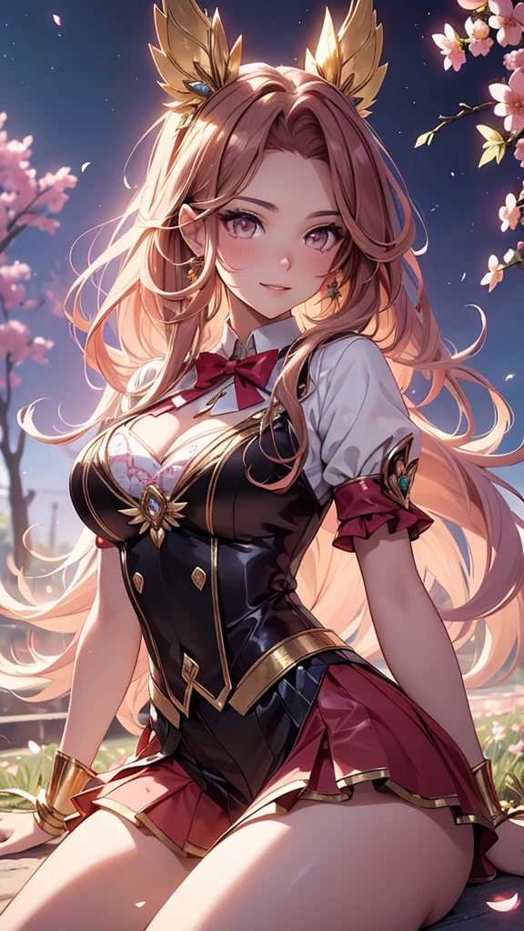 (best quality,4k,8k,highres,masterpiece:1.2),ultra-detailed,(realistic,photorealistic,photo-realistic:1.37),acrylic painting,beautiful Brazilian model in a uniform outfit red and gold with downy hair,beautiful Brazilian model with extremely colorful brown hair and detailed facial features,beautiful Brazilian model standing in a beautiful garden surrounded by a starry sky,pink hair,beautiful Brazilian model wearing a vibrant rose pinkl and gold uniform outfit,beautiful Brazilian model with intricate accessories,cat ears, ,beautiful Brazilian model with long flowing twintails,beautiful Brazilian model with bright brown eyes and rosy lips,beautiful Brazilian model with a joyful expression,beautiful Brazilian model in a dynamic pose with cherry blossoms falling around her,beautiful Brazilian model surrounded by colorful flowers and butterflies,beautiful Brazilian model's school uniform outfit adorned with cute bows and lace details red and gold,beautiful Brazilian model with an enchanting smile,beautiful Brazilian model with soft, pastel-colored shading,beautiful Brazilian model with a magical glow illuminating her,beautiful Brazilian model in a picturesque setting with a winding path leading to a magnificent castle,beautiful Brazilian model with a fairytale-like background,beautiful Brazilian model with a soft, dreamy atmosphere,beautiful Brazilian model with a subtle bokeh effect,beautiful Brazilian model standing under a sunny sky,beautiful Brazilian model with a warm, golden sunset in the background,beautiful Brazilian model surrounded by twinkling stars and colorful nebulae,creating an ethereal and captivating artistic masterpiece, sitting down, facing camera, uniform outfit genshin