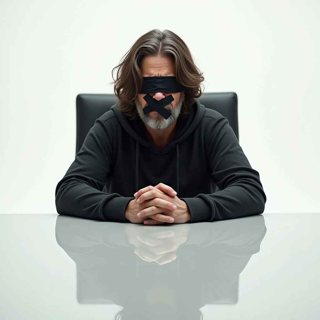 A man with long wavy hair, with a medium beard of brown color, almost white, with a black blindfold over his eyes and with adhesive tape covering his mouth in the shape of an X to censor him. He is wearing a simple outfit with a hood on his head., sitting in an office chair in a white room and with hands clasped closed with making a reflection.