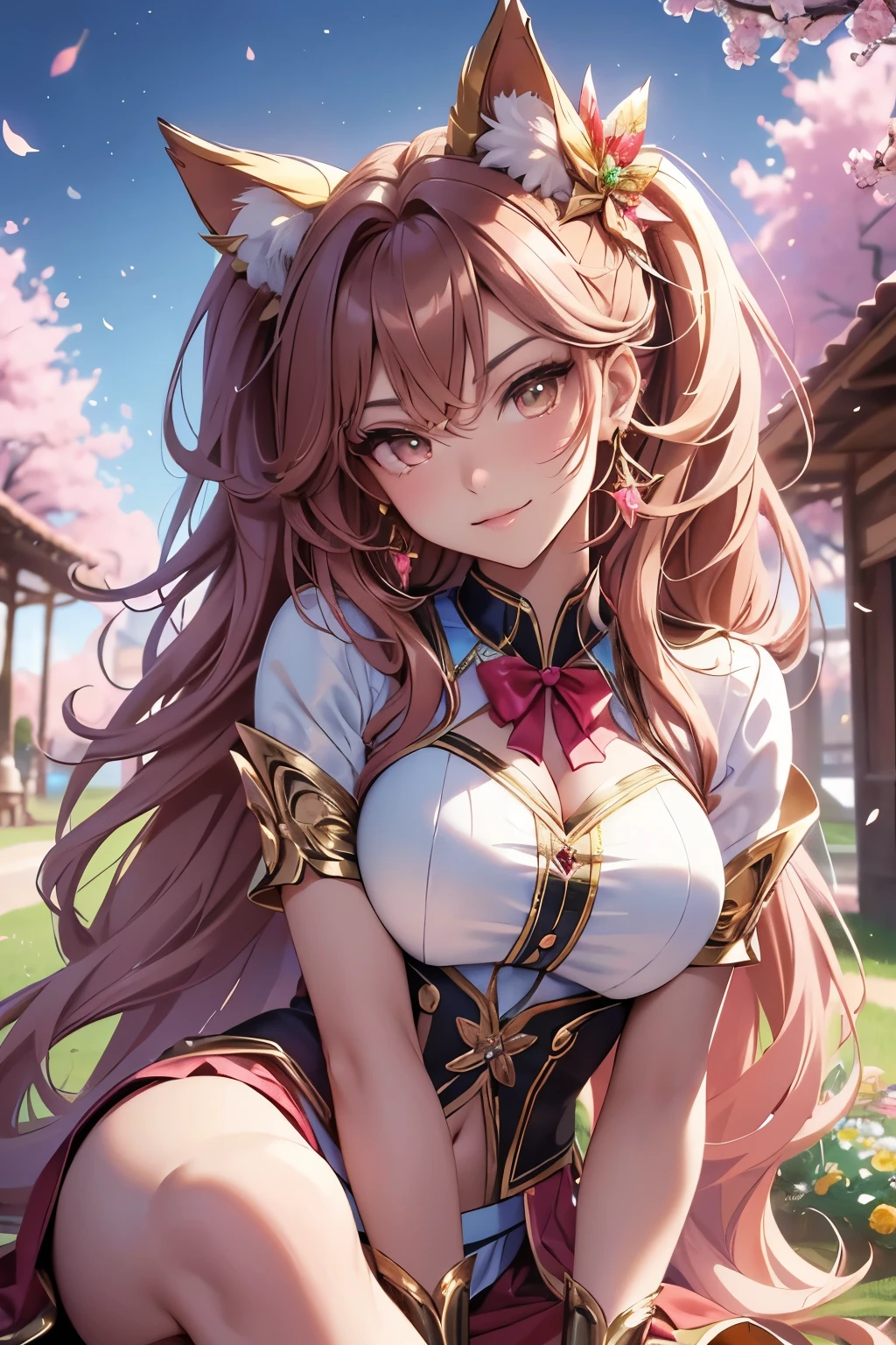 (best quality,4k,8k,highres,masterpiece:1.2),ultra-detailed,(realistic,photorealistic,photo-realistic:1.37),acrylic painting,beautiful Brazilian model in a uniform outfit red and gold with downy hair,beautiful Brazilian model with extremely colorful brown hair and detailed facial features,beautiful Brazilian model standing in a beautiful garden surrounded by a starry sky,pink hair,beautiful Brazilian model wearing a vibrant rose pinkl and gold uniform outfit,beautiful Brazilian model with intricate accessories,cat ears, ,beautiful Brazilian model with long flowing twintails,beautiful Brazilian model with bright brown eyes and rosy lips,beautiful Brazilian model with a joyful expression,beautiful Brazilian model in a dynamic pose with cherry blossoms falling around her,beautiful Brazilian model surrounded by colorful flowers and butterflies,beautiful Brazilian model's school uniform outfit adorned with cute bows and lace details red and gold,beautiful Brazilian model with an enchanting smile,beautiful Brazilian model with soft, pastel-colored shading,beautiful Brazilian model with a magical glow illuminating her,beautiful Brazilian model in a picturesque setting with a winding path leading to a magnificent castle,beautiful Brazilian model with a fairytale-like background,beautiful Brazilian model with a soft, dreamy atmosphere,beautiful Brazilian model with a subtle bokeh effect,beautiful Brazilian model standing under a sunny sky,beautiful Brazilian model with a warm, golden sunset in the background,beautiful Brazilian model surrounded by twinkling stars and colorful nebulae,creating an ethereal and captivating artistic masterpiece, sitting down, facing camera, uniform outfit genshin 