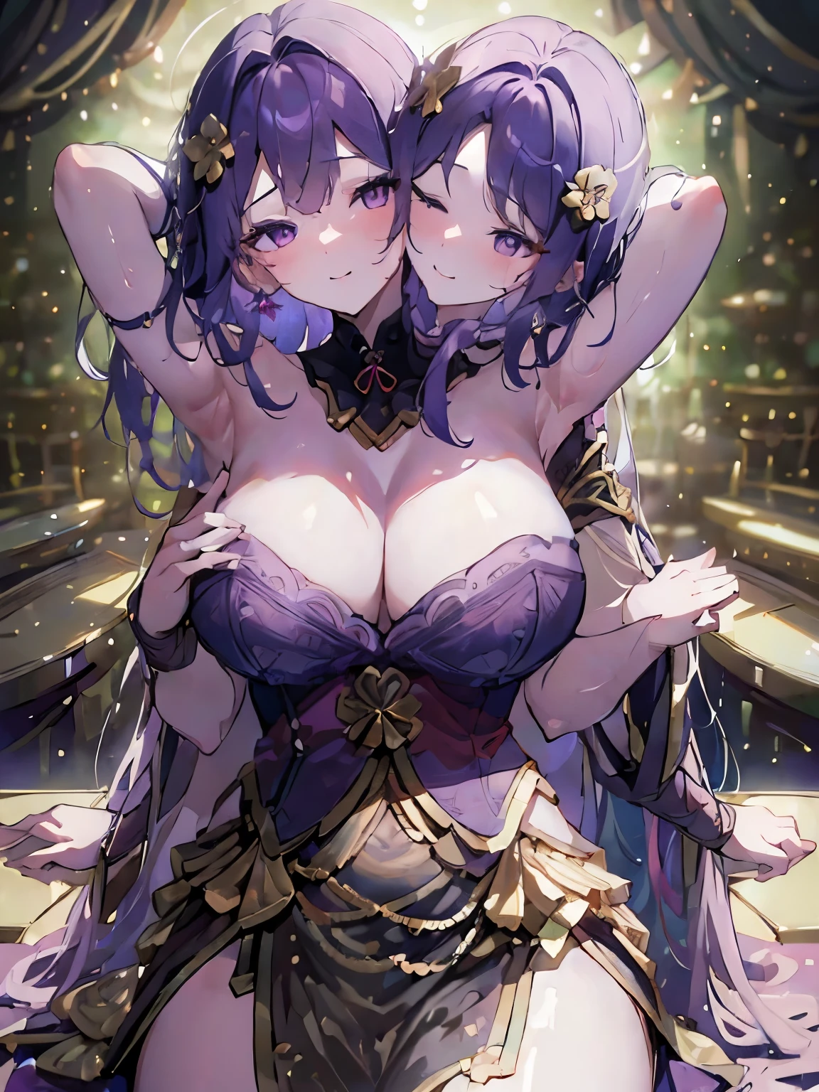 (Masterpiece, best quality), best resolution, (3 heads:1.5), 1 woman, purple hair, wink, conjunctivitis, เClose one eye, Close one eye, be happy, charming, smile, underwear, sexy pose, Casual poses, Natural posture, hotel bedroom,DSLR Photos, (8ก, 4K, Masterpiece),(Masterpiece, best quality), best resolution, (3 heads:1.5),Arms separated,arm circle, (Put your hands on your head....), (lower hand on ankle), (lower hand on leg), Full content in the frame, full body view, (four arms),(Multi-arm),(many hands), รูปร่างเพรียวบาง Masterpiece,best quality,best resolution,1 woman,many heads, upper body, รอยsmile, Facing the audience,big breasts,simple background,Beautiful face,Beautiful hair,beautiful eyes,beautiful body,Beautiful hands,conjoined twins