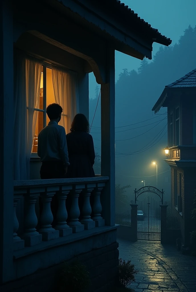 create cinematic, photo realistic film poster of a man and his wife peeping through curtain of a first floor window to someone outside his gate from the verandah, Darjeeling at night, light off