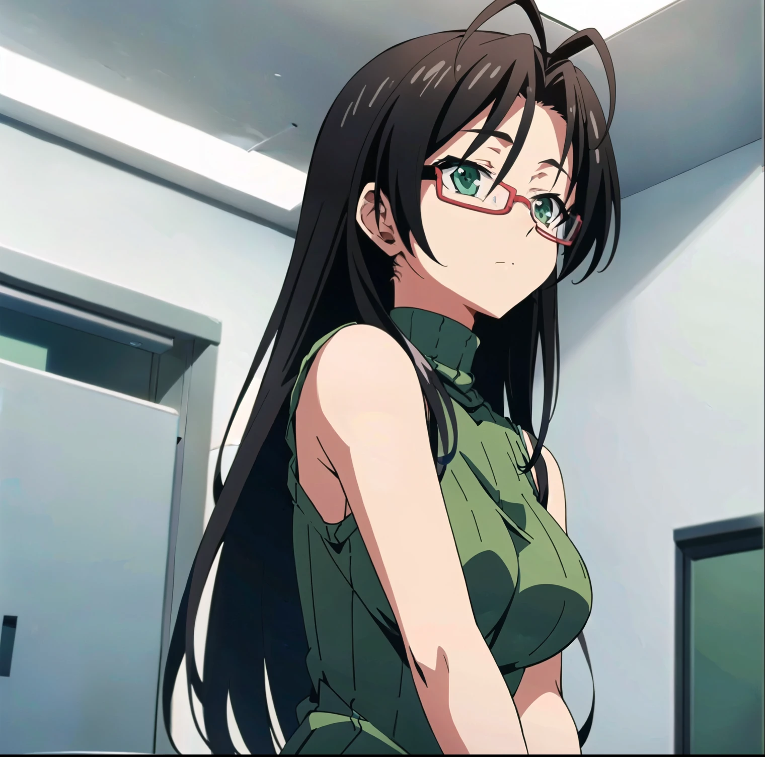 Chisato Hasegawa, 1girl, solo, glasses, antenna hair, long hair, black hair, green turtleneck, red-framed eyewear, green eyes, sleeveless, sweater, breasts, sleeveless turtleneck, bare shoulders,full height:1.4,full body  , ribbed sweater, large breasts, green shirt, semi-rimless eyewear, indoors, from below, (masterpiece, Best Quality, Extremely Detailed, Ultra Quality, 4k)