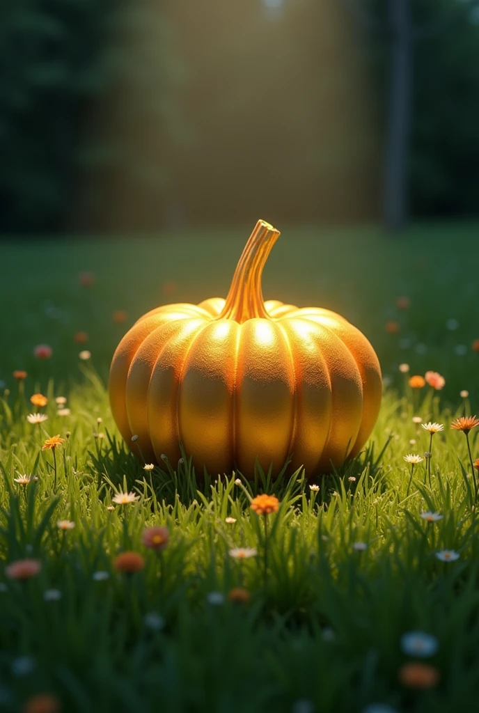 A small artistic yellow pumpkin, Spotlight, on the ground of a meadow. Not a pumpkin