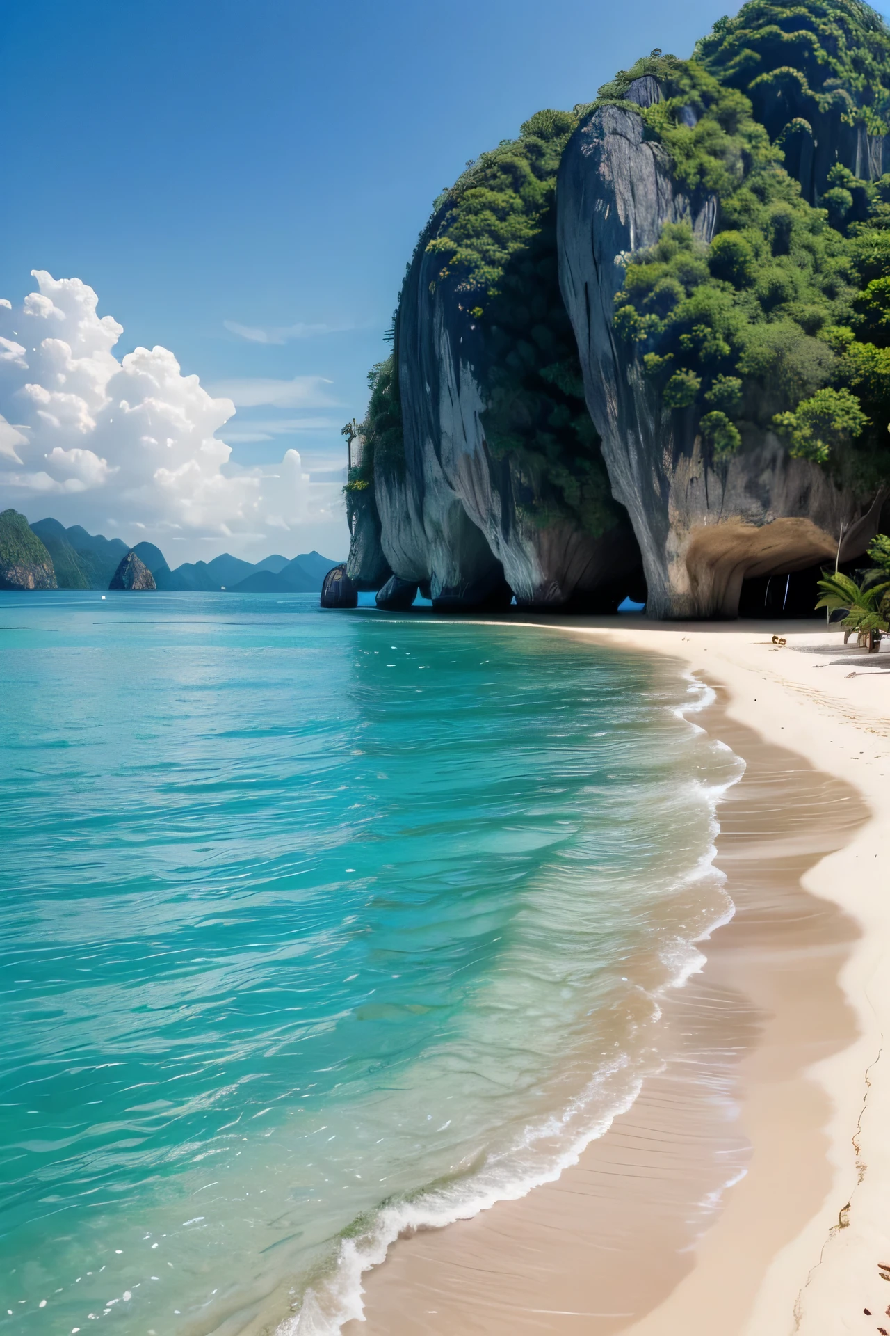 use the photo and place the person with a turquoise blue sea beach background, Thailand style