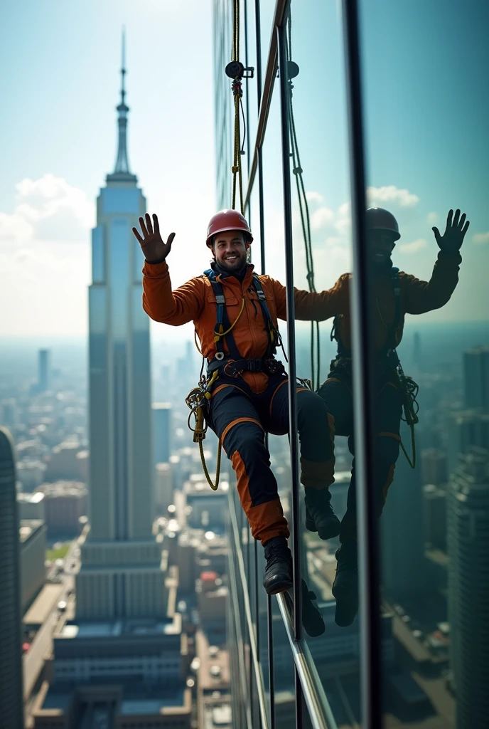 A rope access worker working on a glass building, looking and waving at the camera