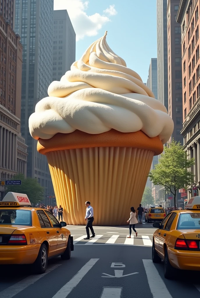 A huge cupcake in the middle of a busy New York street