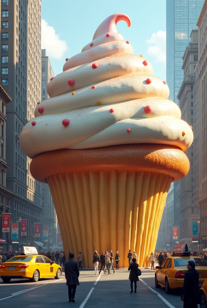 A huge cupcake in the middle of a busy New York street