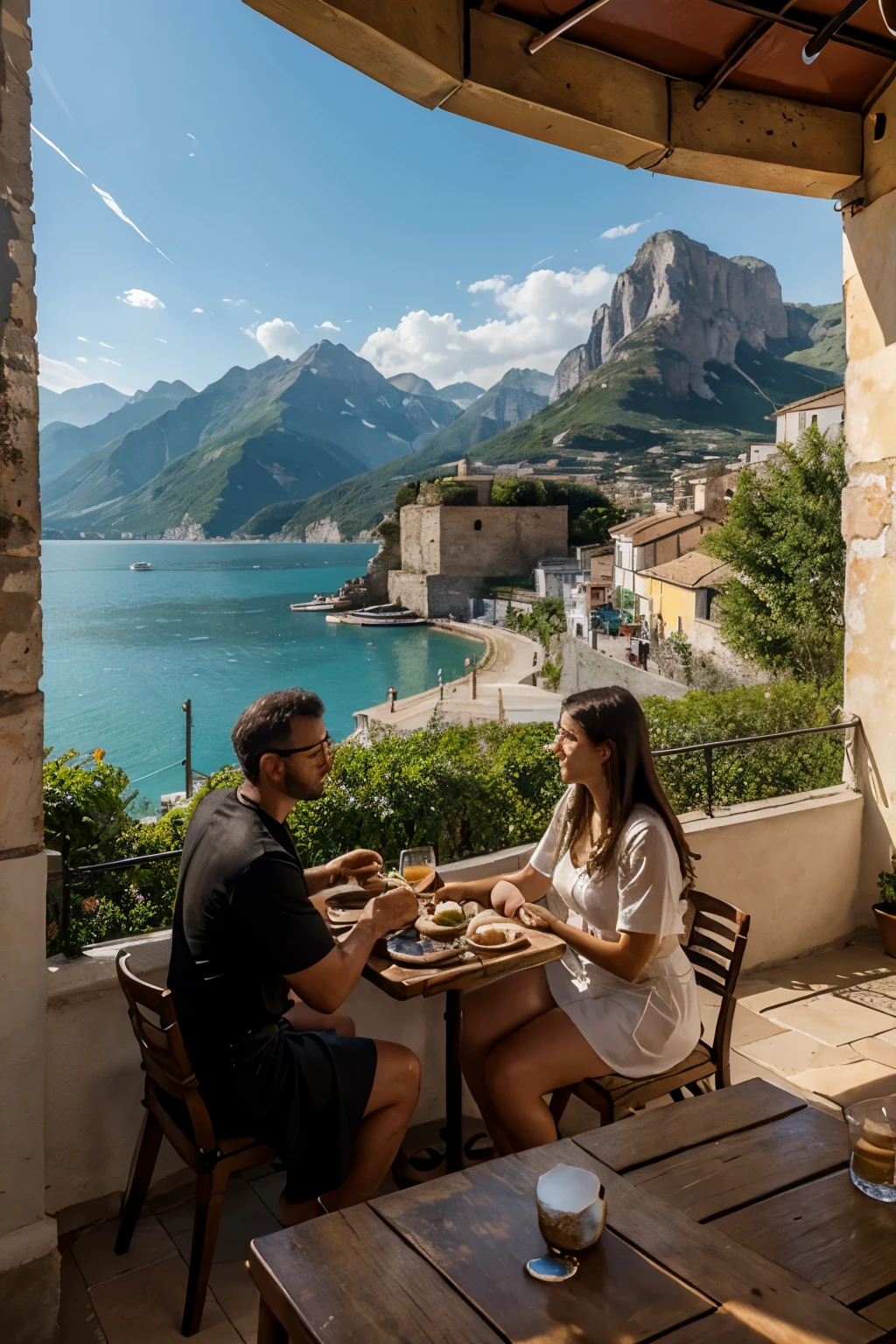 Oil painting Italy, sea ,cafe with a couple,mountains and boats in the distance