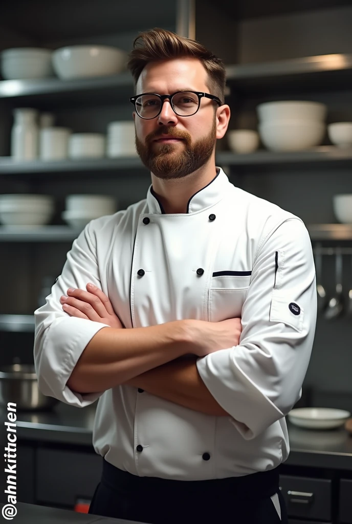Cook with glasses, with arms crossed and with the writing "@ahhkitchen" In the bottom left corner