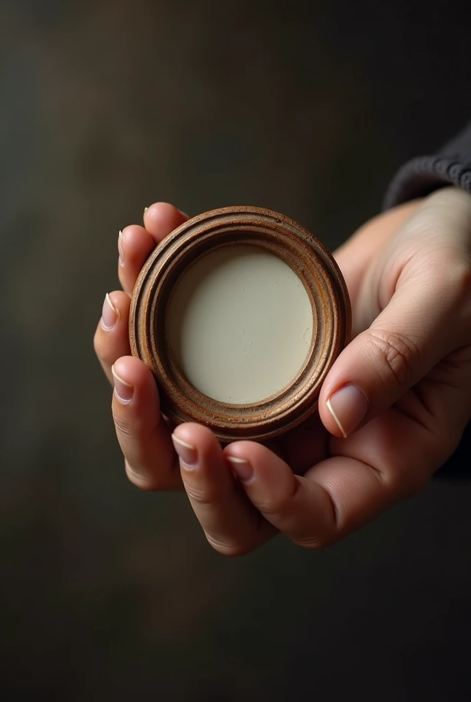 hand holding a round picture frame
