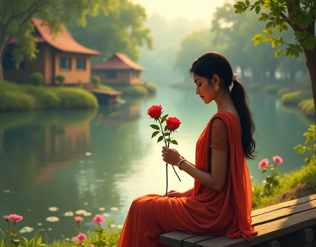 One  Southindian girl aged 23 years sitting on a bench at a bank of the river. In her hand there are two rose flowers. And she is waiting to propose to her boyfriend. Whose house is near to the river.