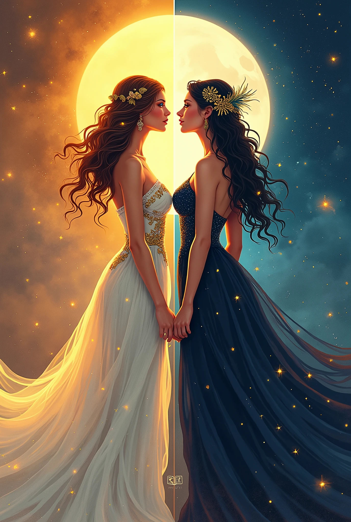 Flat vector of 2 sexy busty godsesses. They are looking at each other with yearning desire. One is goddess of the day and is on the left side of the image. The other is goddess of the night and is on the right side of the image. They are both wearing elegant dress that represent their domains. the image is split in the middle. highly detailed