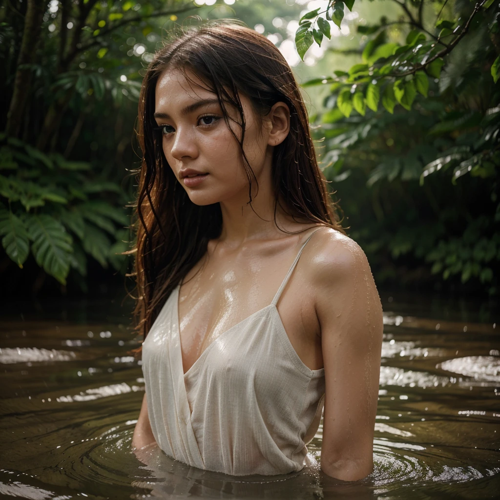 A natural scene amidst flowing water under heavy rain, with trees and slight sunlight filtering through the leaves. In the middle of the river, there's a side profile photograph of a young woman with Thai-Chinese features, blue eyes, and red hair. Her face and hair are drenched from the heavy rain, creating a shimmering effect. The photograph is rich in detail and portrait style, captivating with its intense focus and dramatic setting. She wears a simple beige camisole. Her wet hair and body add to the scene's allure. Taken with a Fujifilm Eterna Vivid 500T camera, the gentle yet continuous movement of water around her is visible. The semi-high angle of the shot clearly shows her wet face and shoulders. The background is filled with nature, trees, and soft sunlight filtering through the leaves, giving the image a natural feel. The light and shadows are well-balanced, adding vibrancy to the overall composition. Natural light focuses on the side of the subject, enhancing the scene.