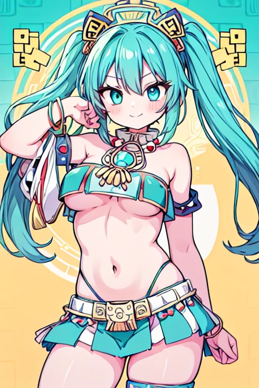 aqua eyes, aqua hair, crossed bangs, hair between eyes, long hair, twintails, female aztec, beautiful, evil smile, medium breast, tuft, bare legs, bare shoulders, bare arms, underboob, tribal feathers, tribal beads, tribal ornaments, ancient aztec oufit, thong, sexy, sexy pose, hair accessories, hair gold accessories, gold accessories, evil face, yandere face