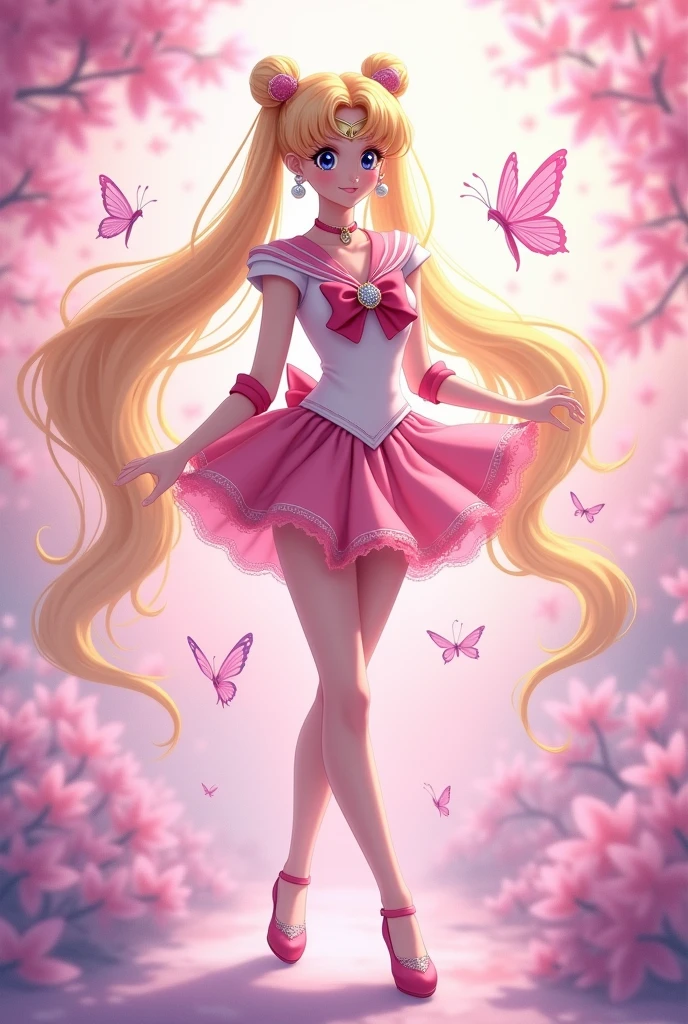 Sailor Moon anime .. Long and loose yellow hair.. with a short pink dress.. with glass slippers... with pearl earrings .. a fine diamond necklace... pink spring background.. some pink purple butterflies