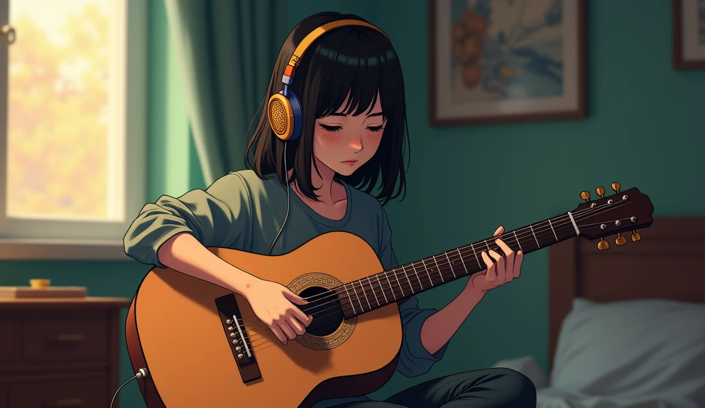 Perfect image, 8k, night、Private room、Female college student, Using headphones、Practicing guitar、 2D-style animation, Lo-Fi, Emotional、Retro、Anime style illustrations、Anime Style