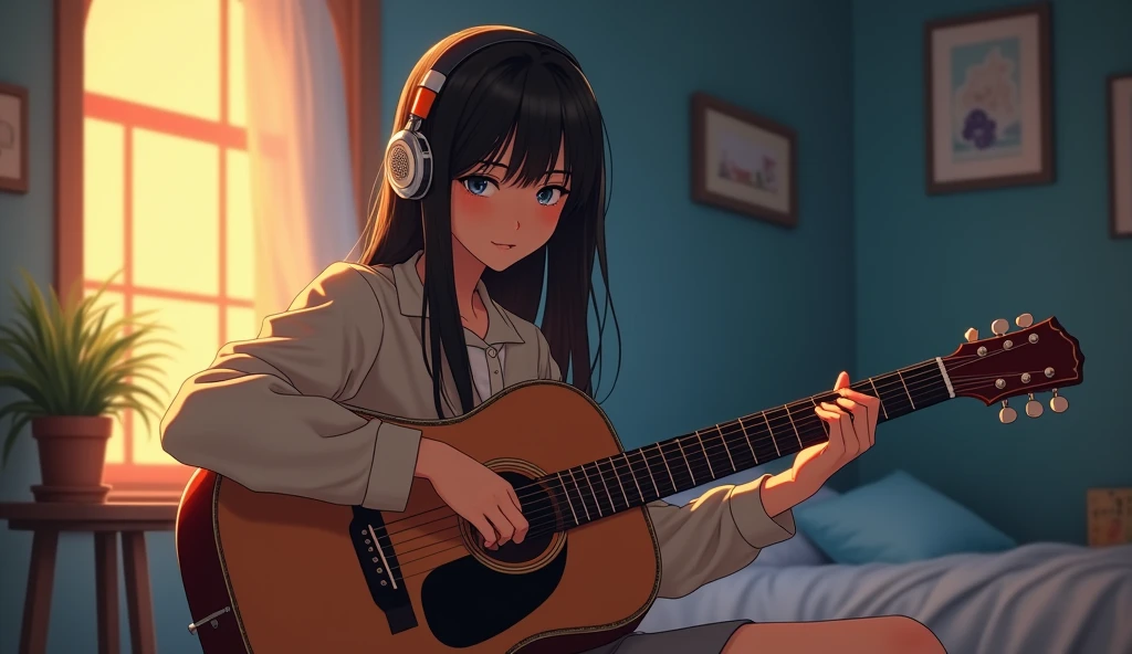 Perfect image, 8k, night、Private room、Female college student, Using headphones、Practicing guitar、 2D-style animation, Lo-Fi, Emotional、Retro、Anime style illustrations、Anime Style
