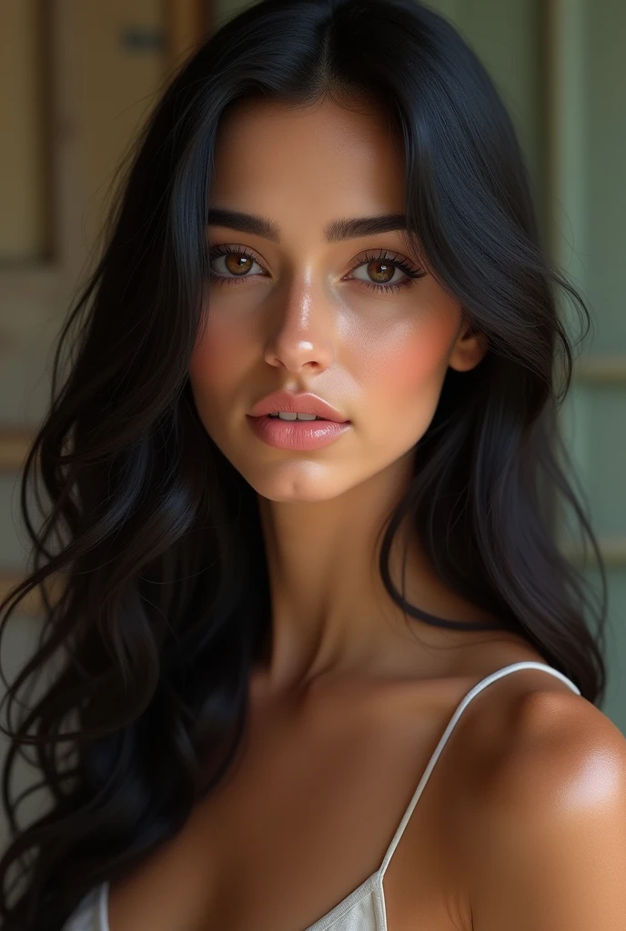 An avatar of a thin woman size 1.53 tall, long black hair, brown color brunette style, Brazilian, well filled eyebrow, very dark brown eyes, slightly sharp nose and well-shaped mouth