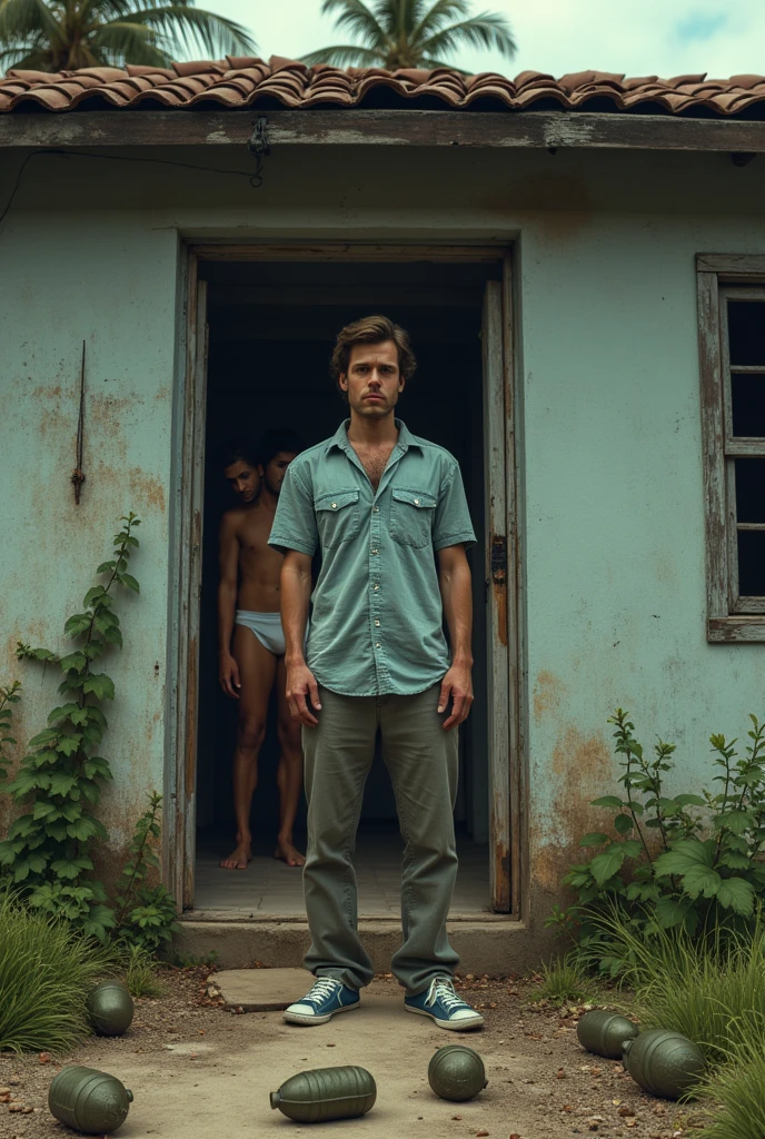 Shirt reporter, pants and sneakers at the door outside an old house with grenades underfoot watching Puerto Rican men showering in their underwear inside.