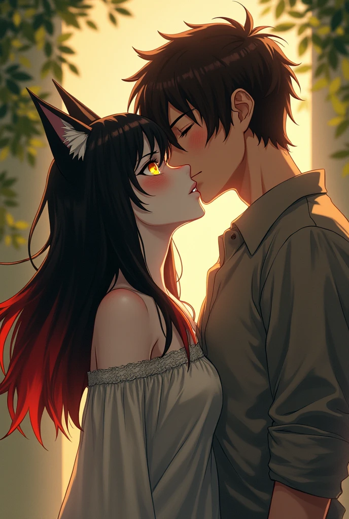 ookami mio, a fair-skinned wolf with black hair with a red streak and pale skin and golden eyes, is surprised to feel the kiss of the brown man who is taller than her, golden eyes and short brown hair who closes his eyes to kiss her 