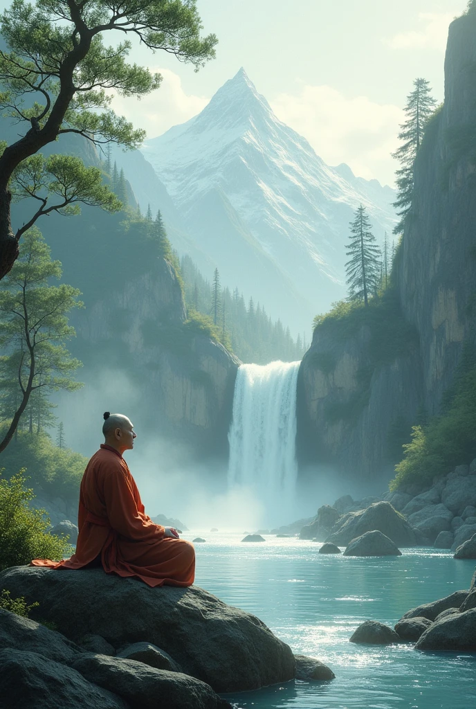 chinese man meditating near the waterfall with the view of big mountains near