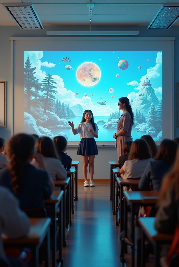 Girl in front of the class with artificial intelligence glasses explaining her ideal dream for a presentation and the other students manage to see what she explains projected and her teacher next to her
