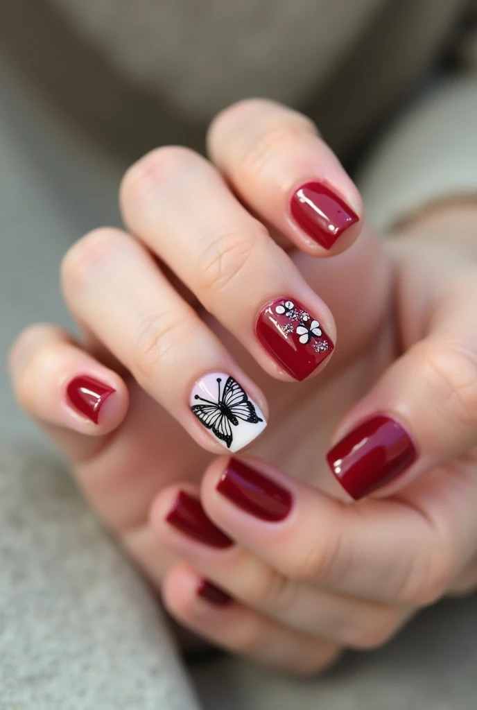 Make a butterfly pattern on your index and ring fingers and paint the rest red.