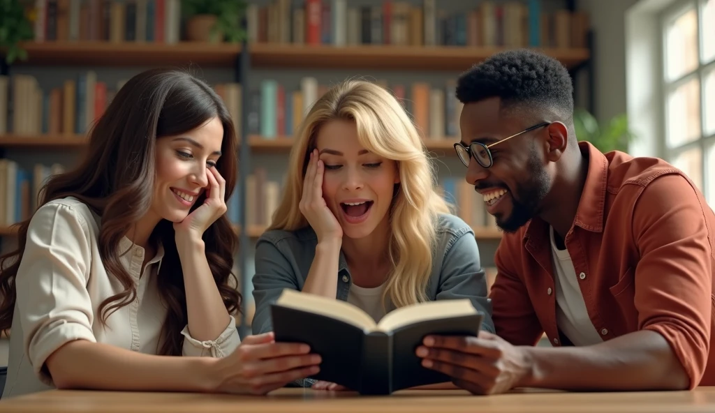 three people, a 40-year-old woman, a blonde woman american with long hair, and a black man with glasses with short hair, one of them with his hands on his head, the three of them with a look of astonishment, surprised, happy, sitting around a table looking at a book with a black cover on a table, they are in a study room, behind them a library, in the local the good ilumination, realistic image, in HD