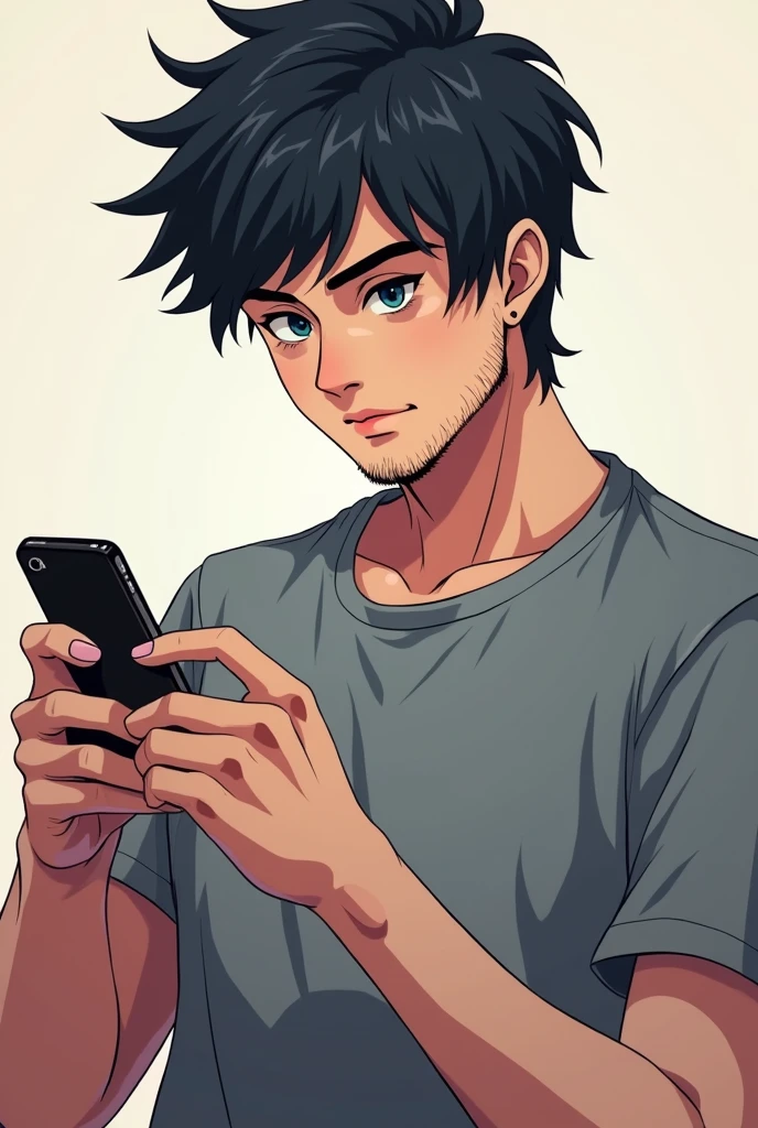 Anime cool gamer guy with stubble on his mustache, dark hair wearing a grey t-shirt playing on his phone
