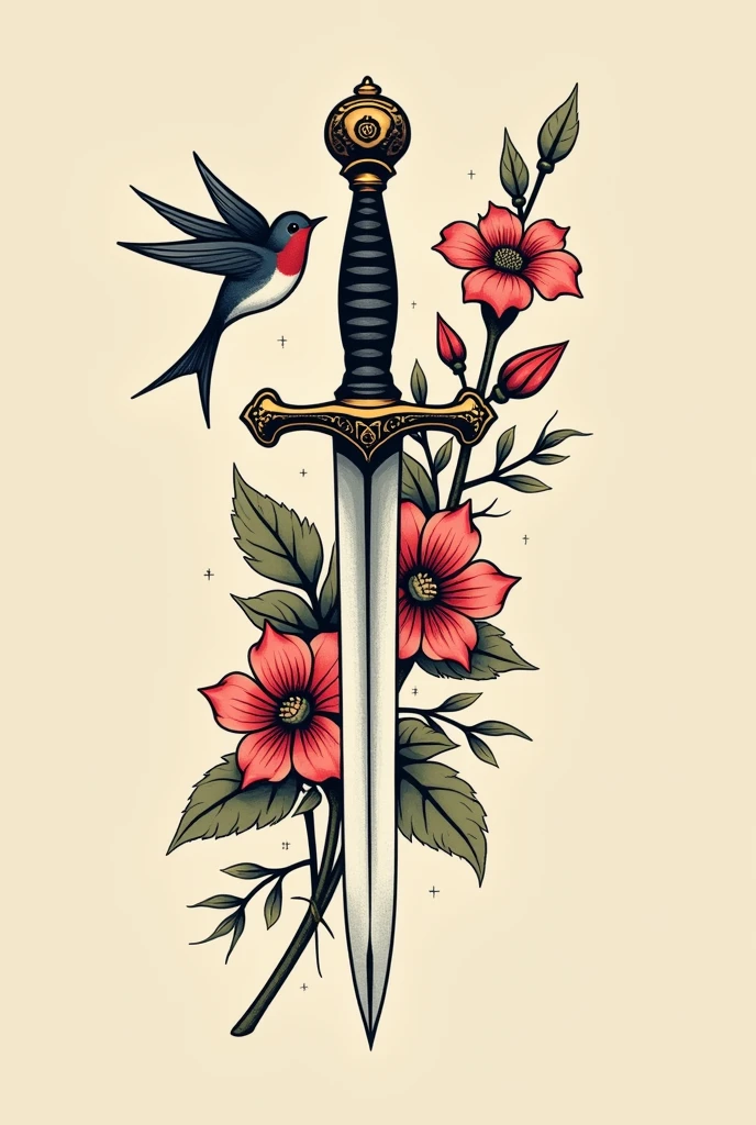Old school dagger tattoo with flowers and swallow 
