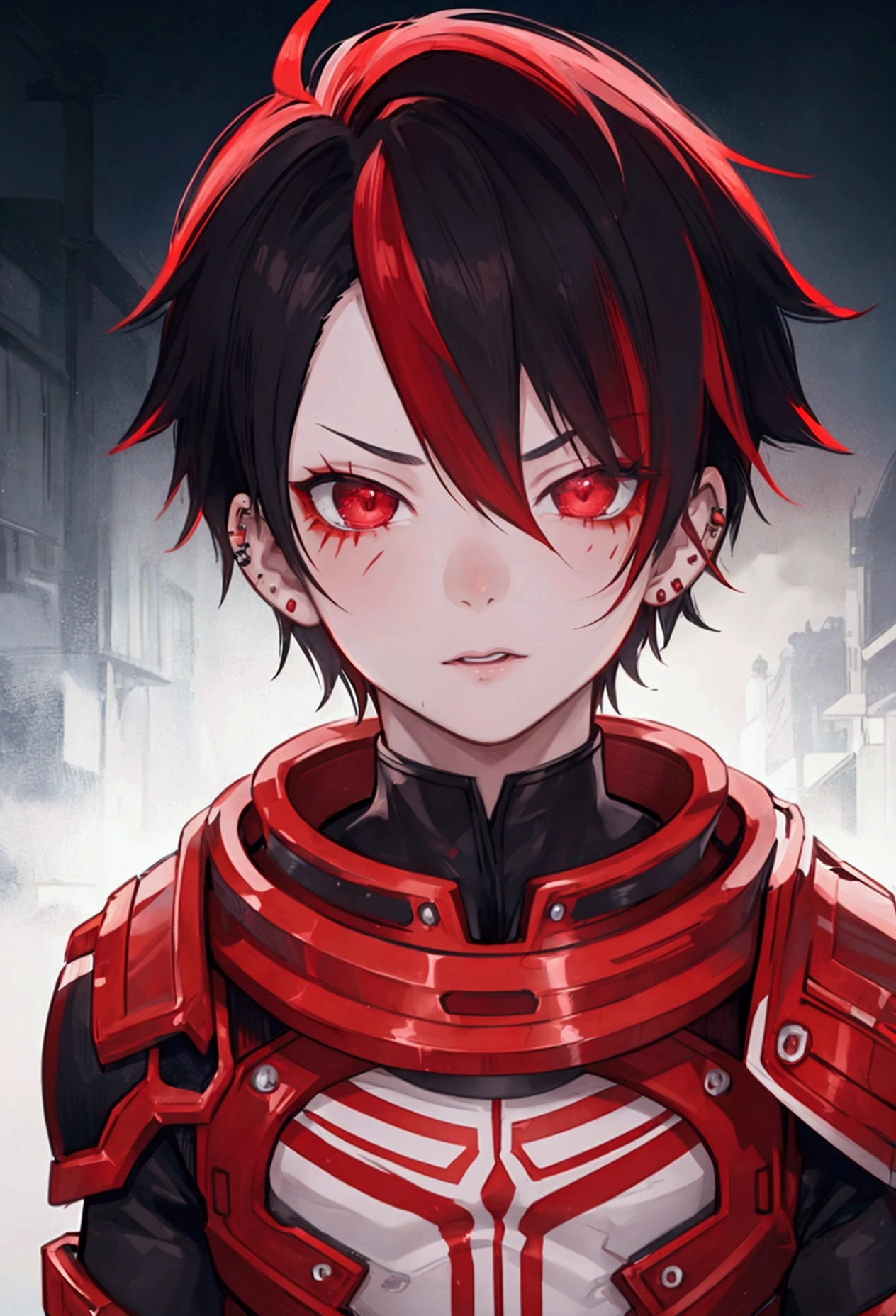 a young boy with short hair, a red streak, covered in scars, wearing piercings, character from my hero academia, detailed portrait, cinematic lighting, dramatic atmosphere, highly detailed, photorealistic, digital art, 8k, intricate details, vivid colors, sharp focus
