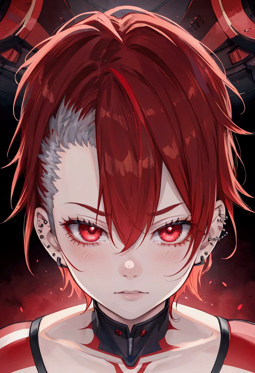 a young boy with short hair, a red streak, covered in scars, wearing piercings, character from my hero academia, detailed portrait, cinematic lighting, dramatic atmosphere, highly detailed, photorealistic, digital art, 8k, intricate details, vivid colors, sharp focus