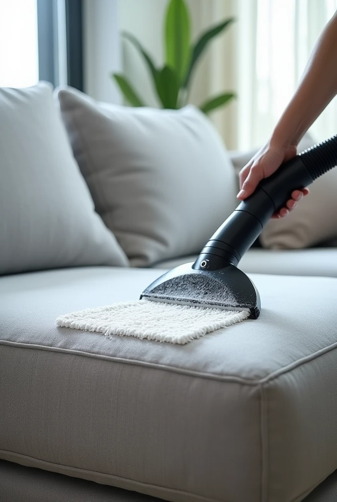 professional cleaning machine extractor jet passing the triangular jet of the machine in contact with the sofa. 