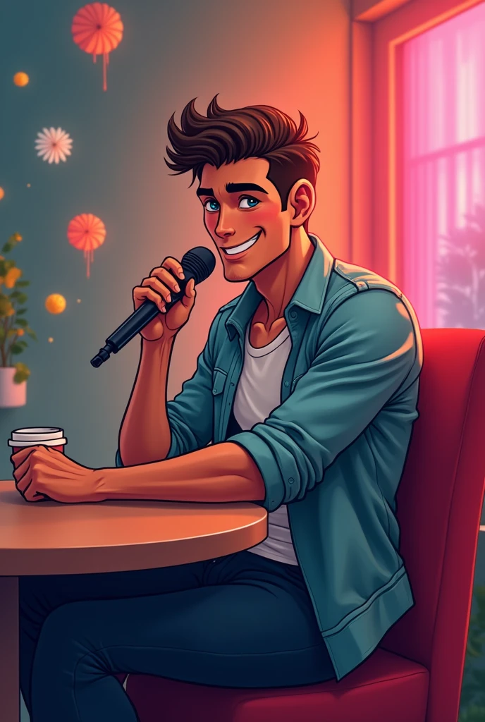 (photorealism:1.2), handsome man shiting a table with mic cartoon