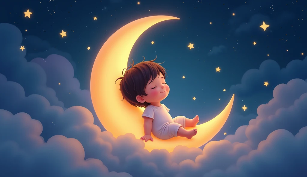 a child listens to a lullaby and sits tenderly on a crescent moon in a fairytale space, and there are many stars around, cartoon child sleeps with eyes closed