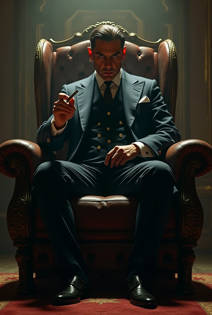generates an image of Thomas Shelby sitting on a throne holding a cigar and on the floor in front of him a surrendered Tony Montana