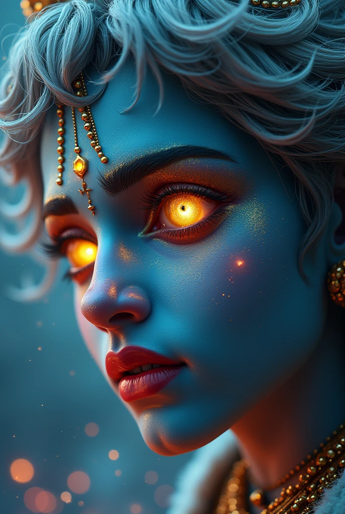 (Close-up of a better masterpiece:1.5)0.9], (Space and astronauts:1.2) (Messy silver hair:1.1) (Heterochromia xanthochromia and blue eyes:1.2) (Space Helmet:1.0) (Colored stars in the eyes:1.0) (A radiant glow:1.1) (thick lips:0.9) lord Krishna as lord of multiverse in his prime universal avatar with chaturbhuja 