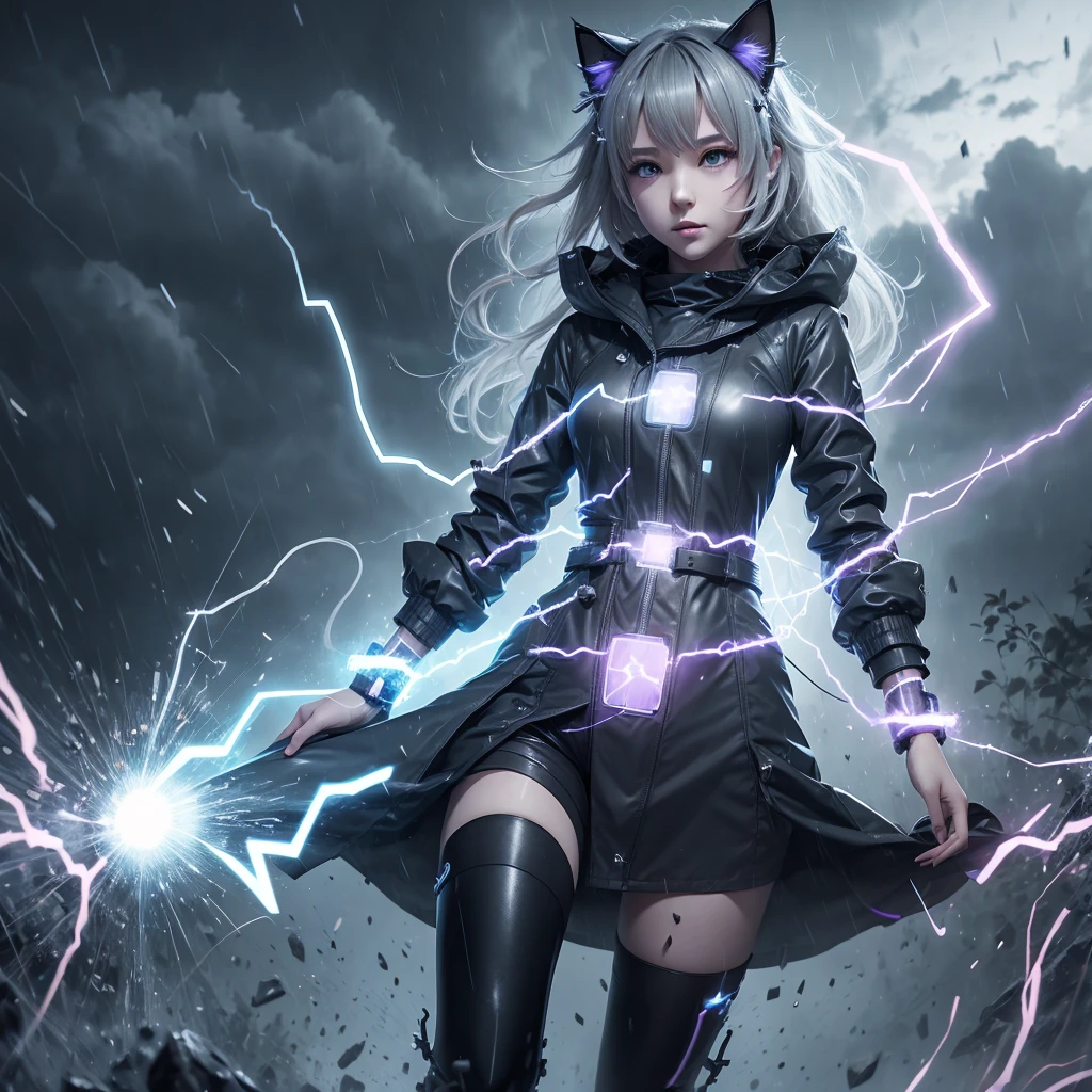 Electric Neko Girl

heavy rain, grey clouds create a blurred image of a transparent full length ghost girl, cat ears, sparkling with electric discharges