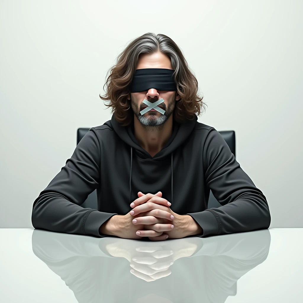 A man with long wavy hair, with a medium beard of brown color, almost white, with a black blindfold over his eyes and with adhesive tape covering his mouth in the shape of an X to censor him. He is wearing a simple outfit with a hood on his head., sitting in an office chair in a white room and with hands clasped closed with making a reflection.