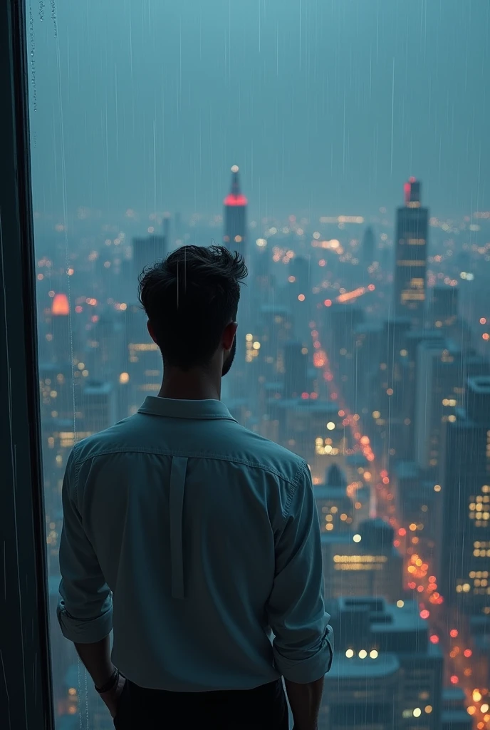 Man on top of a skyscraper, usando uma camisa branca, looking at a big metropolis on a rainy night through a big window.