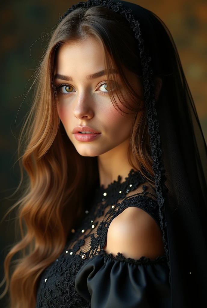 A work of art, Beautiful girl, 2, light brunette, long flowing hair, clear and crystalline eyes, detailed lashes and eyebrows, full mouth, lipstick and blouse, with the finest embroidered and lace black veil, shiny black satin dress , intricate and detailed lace, on the neckline, iridescent pearls on the veil and dress, dark studio backlight, lit with a light yellow spotlight for the background and hair, Nikon D7000 camera, 35mm lens, f16, speed, 125sec. a stunning image of beauty.