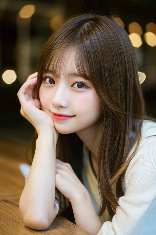 ((masterpiece, Best image quality, High resolution、Lonely、Glowing Skin))(On the table, Highest quality, practical, Very detailed, Scrupulous, High resolution, 8k wallpaper), Close up portrait of beautiful woman, like, smile, Light brown messy hair, Perfect dynamic composition, 美丽Scrupulous的眼睛, ファッション雑誌の表紙like, On campus, Japanese, Crisp eyes