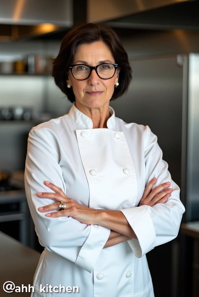 Female cook with glasses, with arms crossed and with the writing "@ahhkitchen" In the bottom left corner