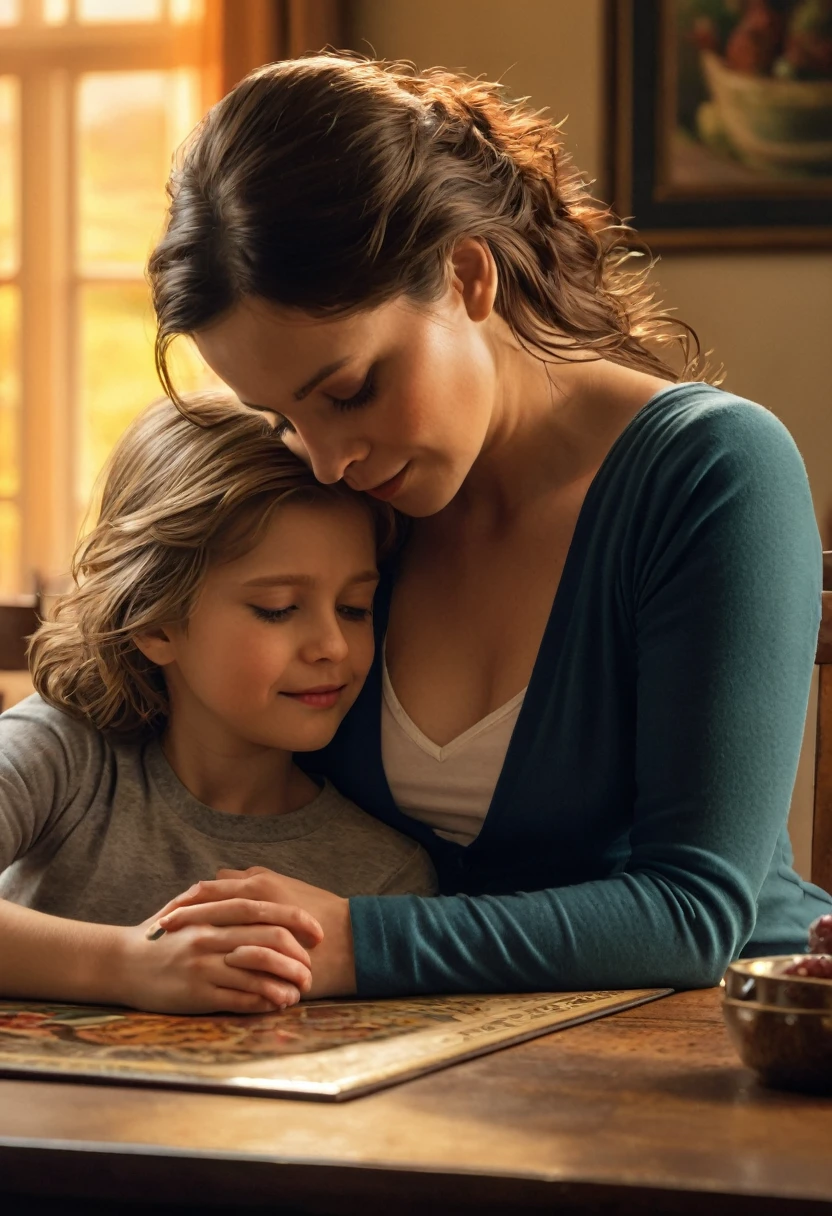 A woman and her son, captured in a tender embrace on a table, (photorealistic:1.37), (best quality,4k,8k,highres,masterpiece:1.2),ultra-detailed,(realistic,photo-realistic:1.37),intricate details, dramatic lighting, cinematic composition, warm color palette, oil painting