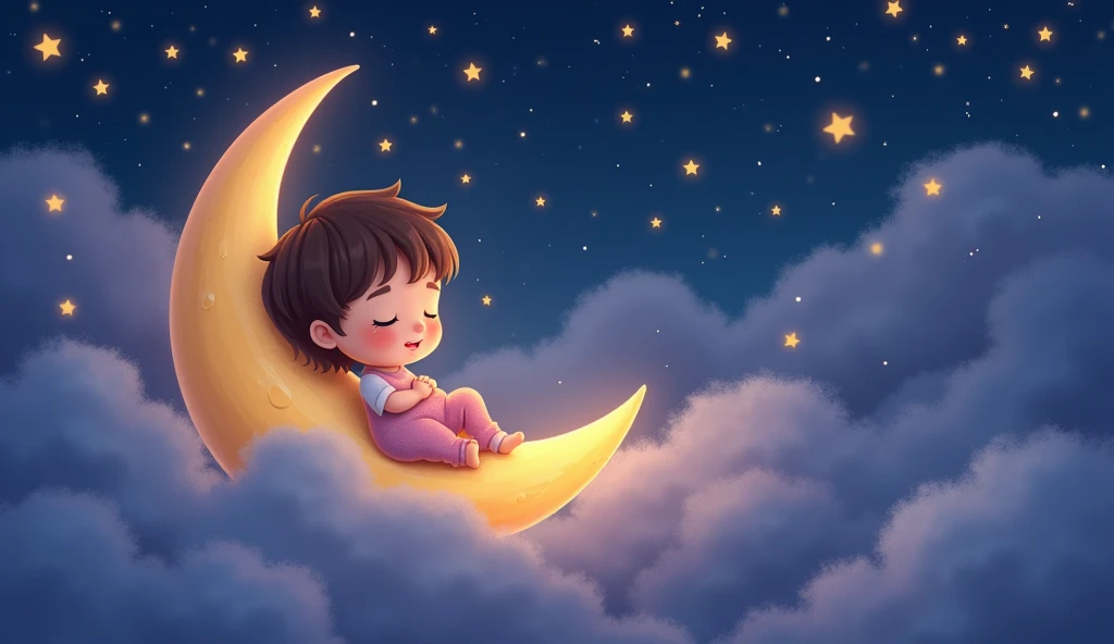 a child listens to a lullaby and sits tenderly on a crescent moon in a fairytale space, and there are many stars around, cartoon child sleeps with eyes closed