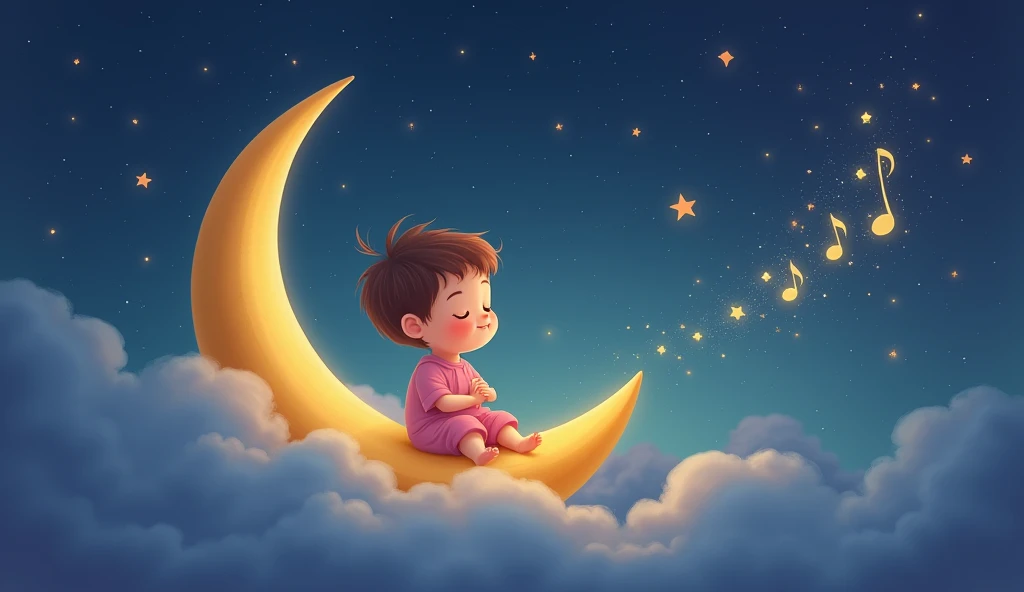 a  listens to a lullaby and sits tenderly on a crescent moon in a fairytale space, and there are many stars around, cartoon child sleeps with eyes closed