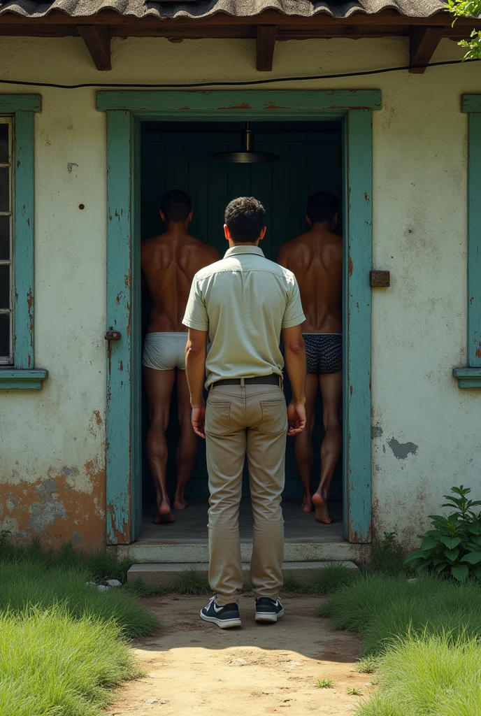 Shirt reporter, pants and sneakers at the door outside an old house with grass underfoot looking at Puerto Rican men taking a shower in their underwear inside.
