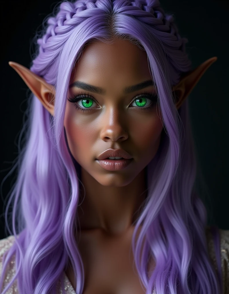 FAIRY WITH AN HYBRID FACE BETWEEN NAOMI CAMPBELL AND BEYONCE , EXPRESSIVE LIGHTNING GREEN EYES, FULL BODY VIEW, STUDIO IMAGE STYLE, BLACK INFINITE BACKGROUND, DIFFUSED LIGHTS ON FACE, BACK LIGHTS ON HAIR, LUMINOUS PURPLE HAIR, LIGHT PURPLE HAIR COLOR, CLOSE FACE SHOT, HUGE LONG HAIR, HUGE STRAIGHT LONG HAIR, BRAID HAIR STYLE, PLATINUM EYEBROWS, DARK SKIN, SOFT SKIN, FEMALE FAIRY, TOLKIEN MITHOLOGY, EXPOSED LONG TIP EARS, HIGH DETAILED ELVE EARS, HIGH CHEEKBONES, ROSY CHEEKS, GORGEOUS LIPS, SOFT LIPSTICK, GORGEOUS CURVY BODY, SOFT MUSCLES, VOLUMOUS BREASTS, BARE FEET, STRAPLESS CLEAVAGE, ROSE VICTORIAN DRESS, ENIGMATIC FACE EXPRESSION, SIDE FACE VIEW, EYES LOOKING UP, TOLKIEN MITHOLOGY, HIGH QUALITY IMAGE, MASTERPIECE, 8K