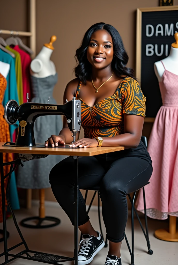 A captivating image of a beautiful dark-skinned African woman sitting behind her machine and sewing on her sewing machine and looking at the camera. She is wearing a black and orange color Ankara top with black jeans and a pair of black Snickers. She is wearing a gold necklace and earrings. Her hair is a shoulder-length black hair. Images of children's ball gowns are displayed on a dummy in her office. On a signboard in her office is written"Damselette Couture" correctly and boldly written