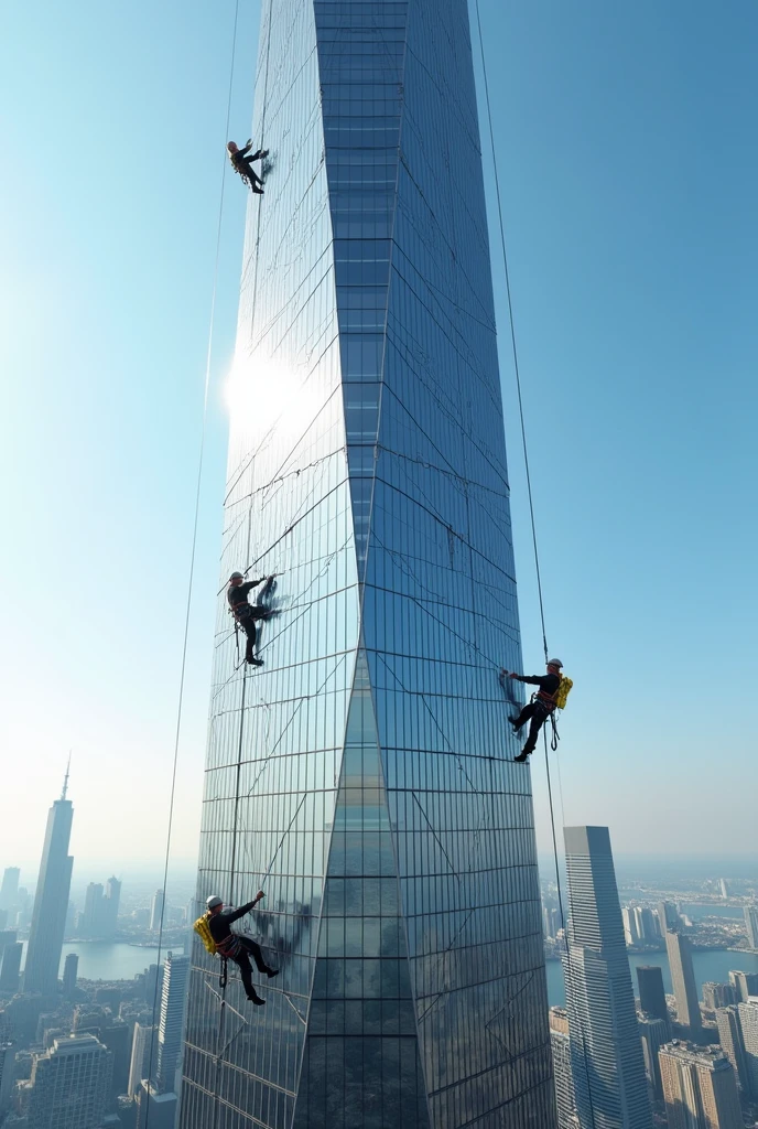 A group of rope access workers cleaning a building